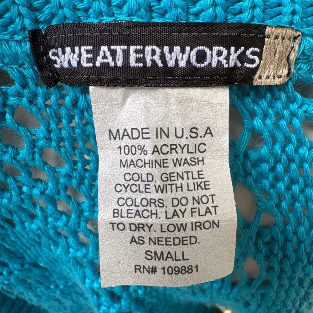 Sweaterworks Bolero Shrug SmTurquoise Blue Pointelle Open Knit Cropped Coastal - Picture 6 of 7
